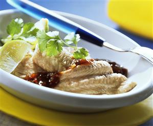 Fish fillets with lime sauce and coriander leaves