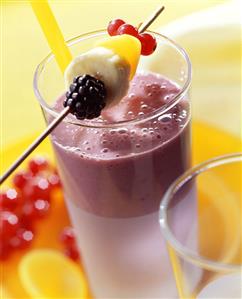 Power fruit shake with skewered fresh fruit