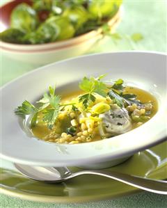 Pearl barley soup with herbs and vegetables