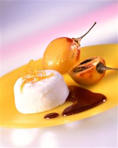 Poached tamarillos with yoghurt mousse and red wine sauce