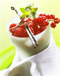 Fresh berries with sugared vanilla pod and chocolate curls