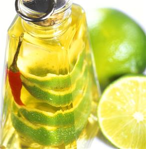 Home-made lime vinegar in bottle