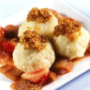 Quark dumplings with breadcrumbs & rhubarb & strawberry compote