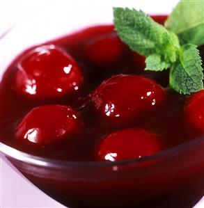 Cherry compote with fresh mint