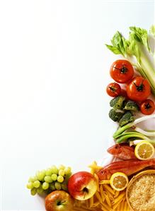 Still life with fruit, vegetables, fish, rice & pasta