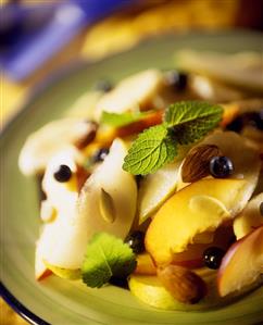 Peach salad with blueberries, almonds, sunflower seeds