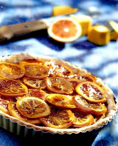 Orange and pumpkin tart in the baking tin