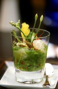 Gazpacho with fish and herbs in glass (1)