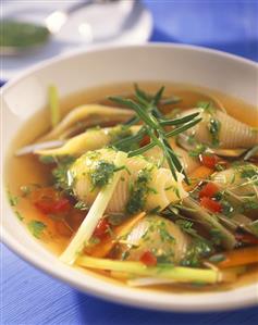 Pasta and vegetable stew with rocket pesto and rosemary