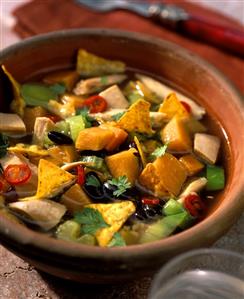 Mexican chicken stew with pumpkin and tortilla chips