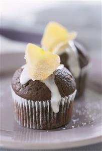 Chocolate muffins with sugared rose petals