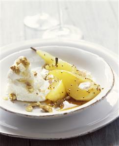 Mustard pears, fresh goat's cheese, honey & nuts