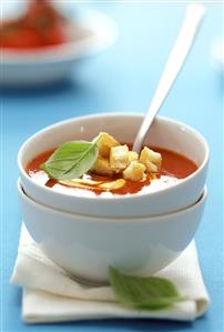 Tomato soup with zwieback (rusk) in soup bowl. Prohibido su uso en portada de libro hasta agosto 2014