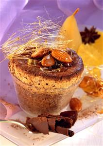 Almond chocolate soufflé with caramel strands