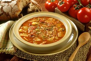 Goulash soup with cod; tomatoes; bread