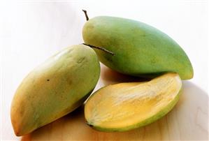 Mangos (Khieo Savoei variety) with drops of water