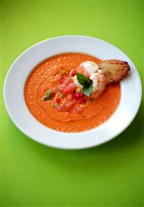 Gazpacho garnished with shrimps