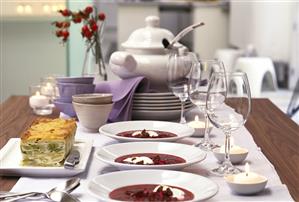 Buffet with Russian leek terrine and beetroot soup