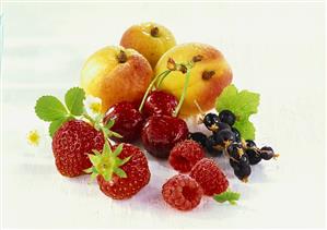 Fruit still life with berries, cherries and apricots