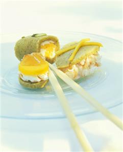 Rice and mango dessert with pistachio marzipan