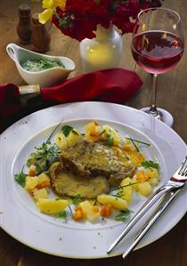 Boiled beef, vegetables, saffron sauce & herb sauce; red wine