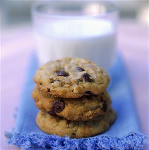 Chocolate chip cookies and glass of milk