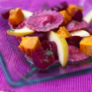 Salad of beetroot ravioli, pears and pumpkin