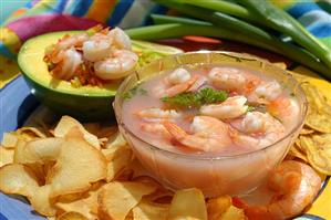 Shrimp, crisps and stuffed avocado; Brazil