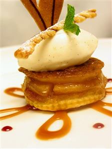 Apple tarts with honey ice cream and caramel sauce