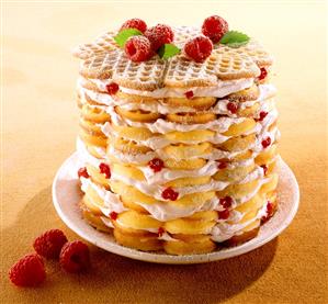 Waffle cake with raspberries and cream