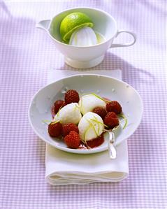 Lime cream with raspberry sauce