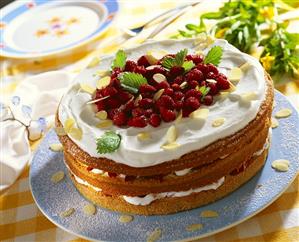 Gateau with wild strawberries, cream and flaked almonds