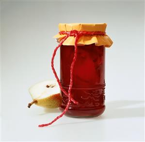 Plum and pear jam in jar