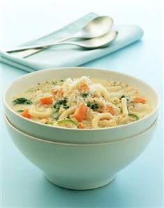 Cheese soup with macaroni and vegetables