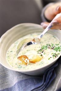 Creamed broccoli soup with croutons