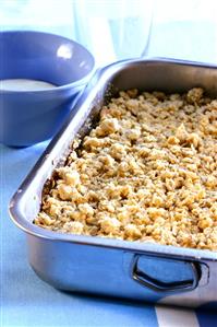 Apple crumble in baking dish