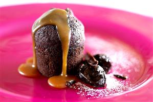 Chocolate pudding with caramel sauce