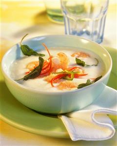 Celery soup with chili shrimps