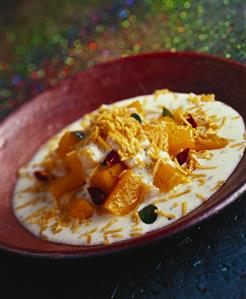 Kaddu bhujia pachadi (cold pumpkin & coconut milk soup, India)