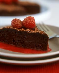 Piece of chocolate cake with raspberry sauce