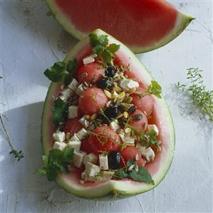 Watermelon with sheep?s cheese