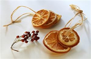 Dried orange slices on raffia; dried rose hips