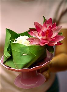 Cooked rice in banana leaf