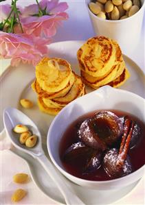 Almond potato cakes with plum compote