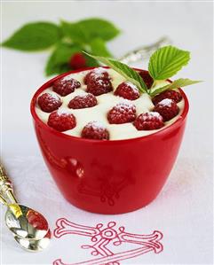 Vanilla cream with raspberries and icing sugar