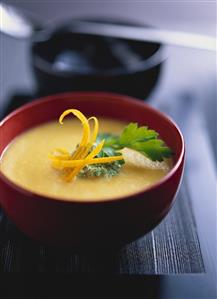 Celery and saffron soup with parsley pesto