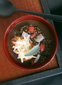 Lentil soup with sage & toasted white bread with Parmesan