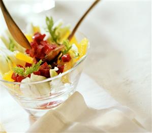 Beetroot and orange salad garnished with fennel leaves