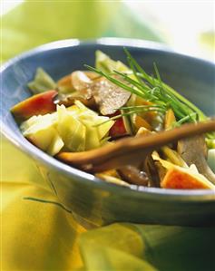 Grilled oyster mushrooms with vegetables, fruit & chives (1)