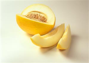 A honeydew melon, cut into